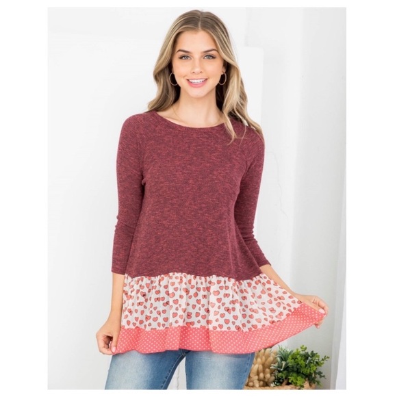 BURGUNDY KNIT AND PRINT RUFFLE TOP - Picture 4 of 9